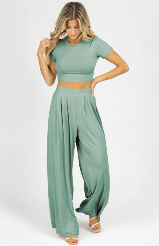 Women's Fashion Commuter Home Ladies T-shirt Wide Leg Mopping Pants Set