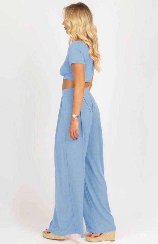 Women's Fashion Commuter Home Ladies T-shirt Wide Leg Mopping Pants Set