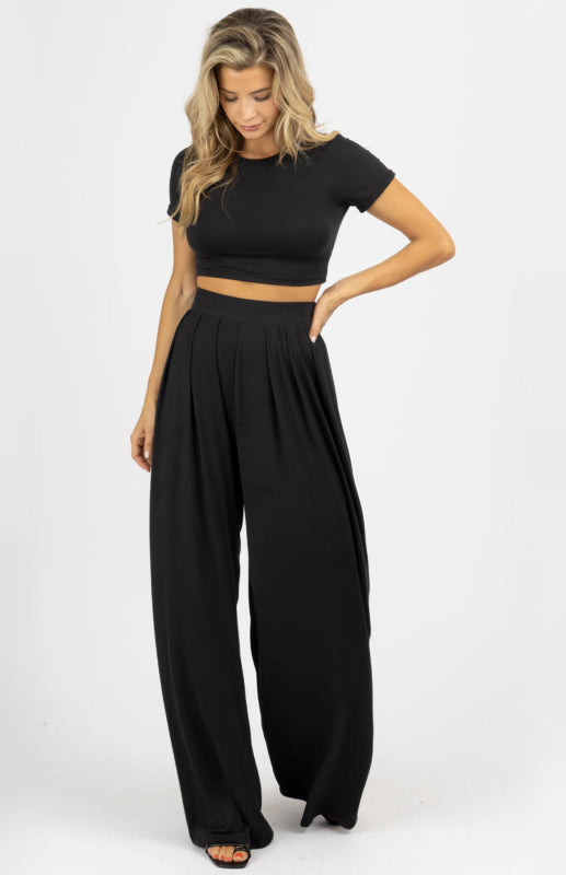Women's Fashion Commuter Home Ladies T-shirt Wide Leg Mopping Pants Set