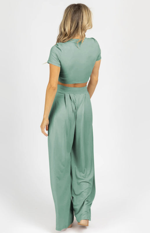 Women's Fashion Commuter Home Ladies T-shirt Wide Leg Mopping Pants Set