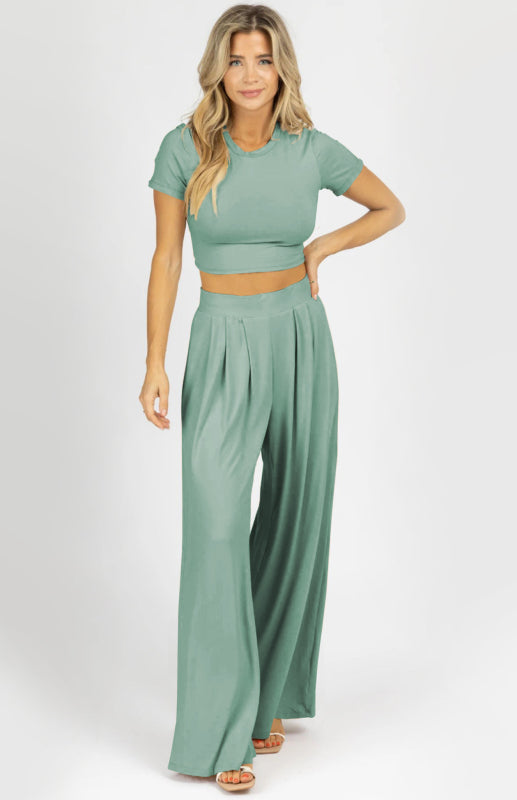 Women's Fashion Commuter Home Ladies T-shirt Wide Leg Mopping Pants Set