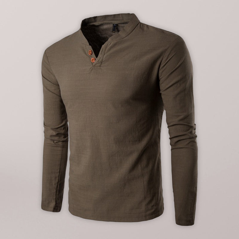 Men's Solid Color Slub Notched Collar With Button Up Long Sleeve T Shirt