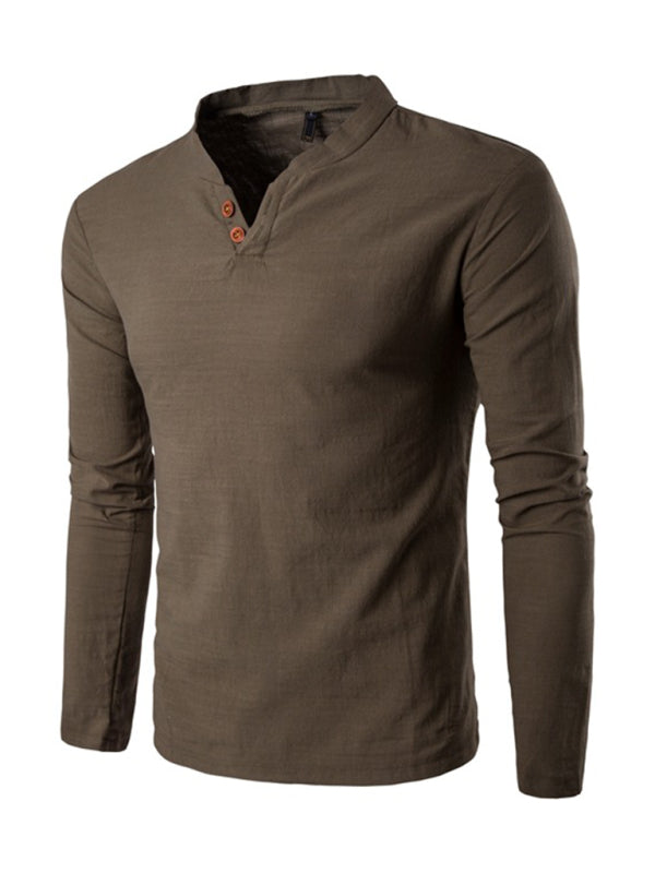 Men's Solid Color Slub Notched Collar With Button Up Long Sleeve T Shirt