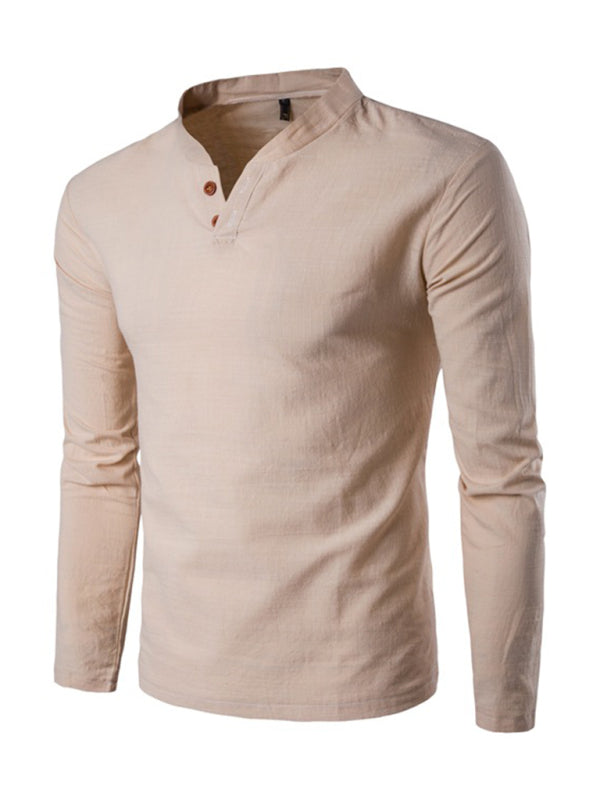 Men's Solid Color Slub Notched Collar With Button Up Long Sleeve T Shirt