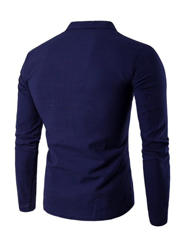 Men's Solid Color Slub Notched Collar With Button Up Long Sleeve T Shirt