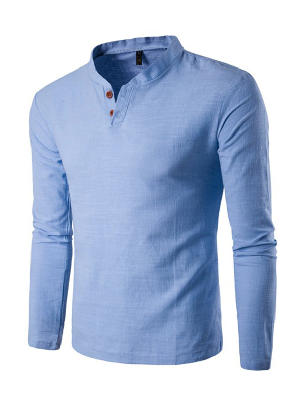 Men's Solid Color Slub Notched Collar With Button Up Long Sleeve T Shirt