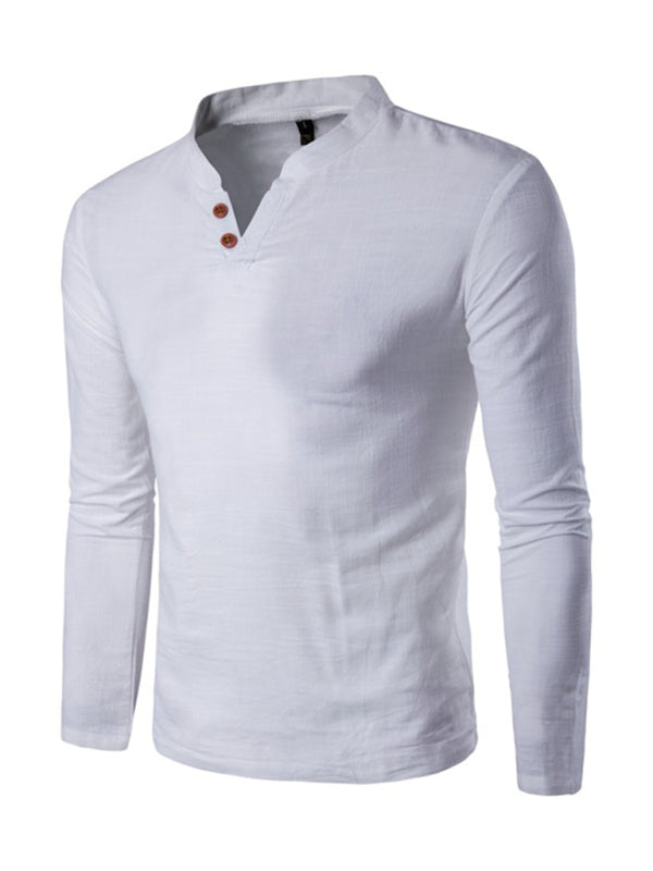 Men's Solid Color Slub Notched Collar With Button Up Long Sleeve T Shirt