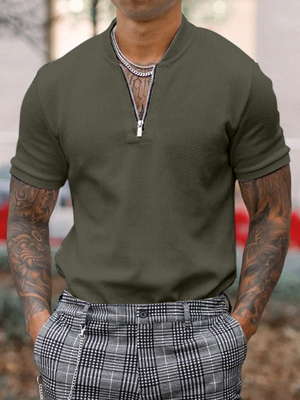Men's Solid Color Zipper Stand Collar Casual Short Sleeve T-shirt