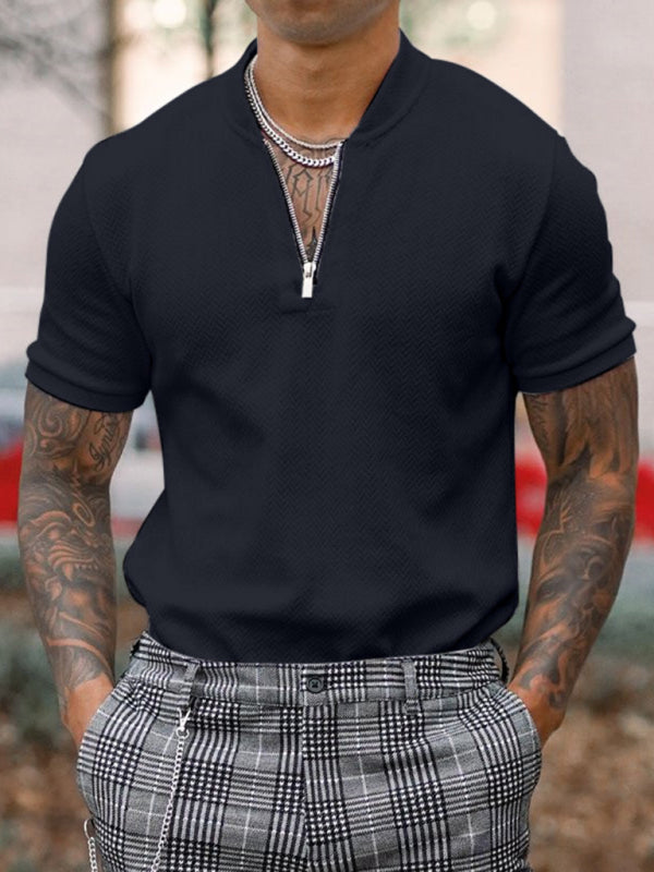 Men's Solid Color Zipper Stand Collar Casual Short Sleeve T-shirt
