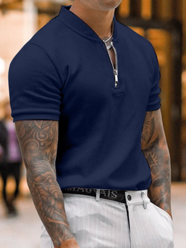 Men's Solid Color Zipper Stand Collar Casual Short Sleeve T-shirt
