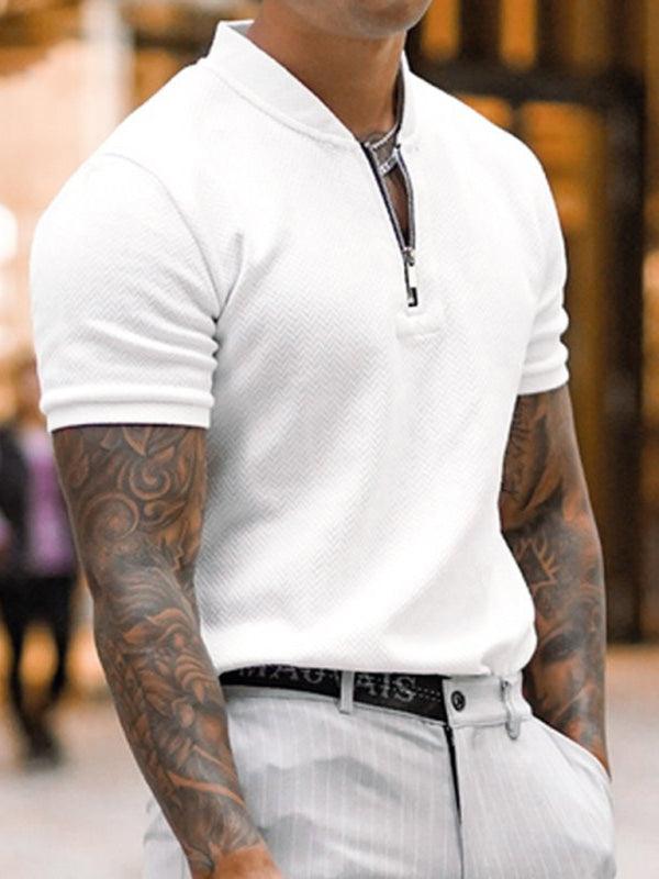Men's Solid Color Zipper Stand Collar Casual Short Sleeve T-shirt