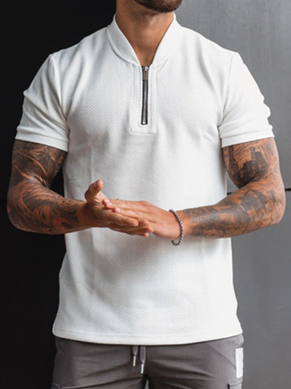 Men's Solid Color Zipper Stand Collar Casual Short Sleeve T-shirt