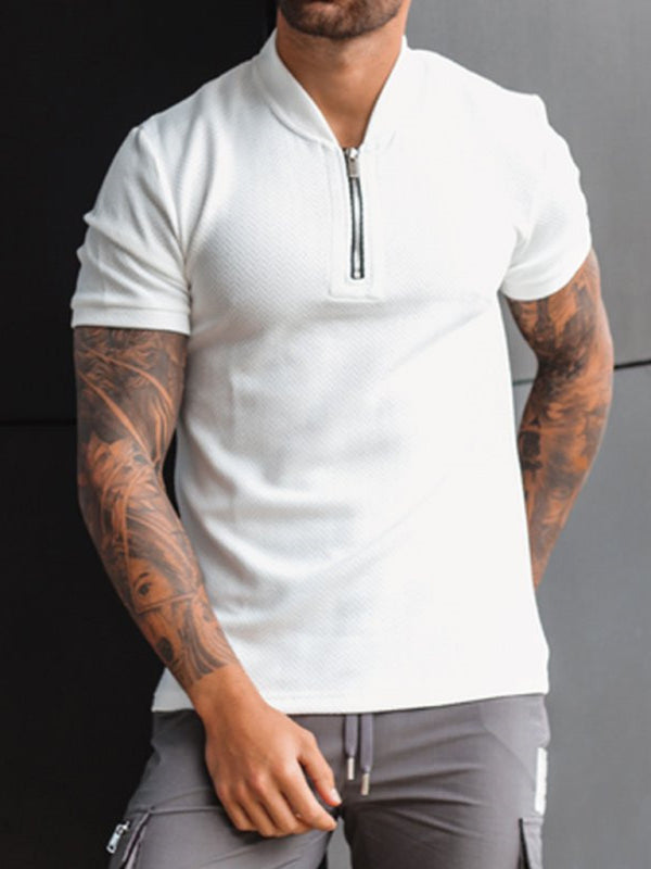 Men's Solid Color Zipper Stand Collar Casual Short Sleeve T-shirt