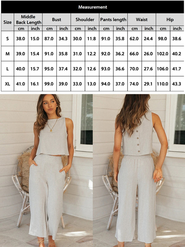 Women's Solid Color Linen Tank Top With Matching Pants