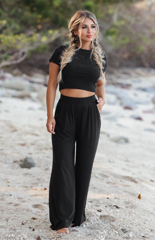 Women's Fashion Commuter Home Ladies T-shirt Wide Leg Mopping Pants Set