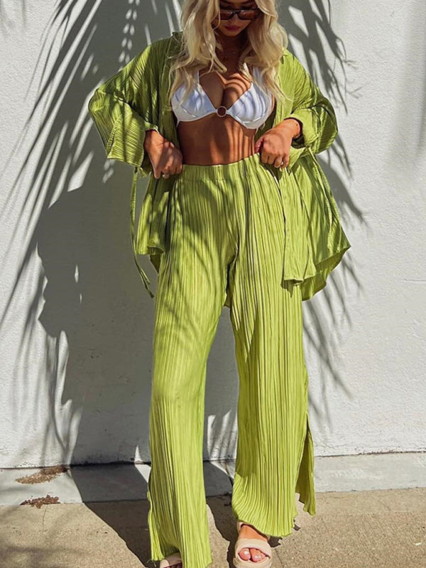 Women's Solid Color Pressed Pleated Long Sleeve Cardigan Shirt Slit Top Trousers Two-Piece Set
