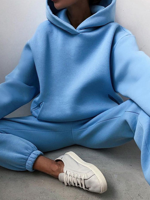 Women's solid color casual fashion trousers thickened long-sleeved hooded set