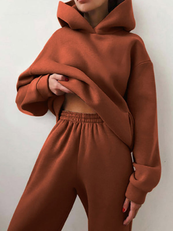 Women's solid color casual fashion trousers thickened long-sleeved hooded set