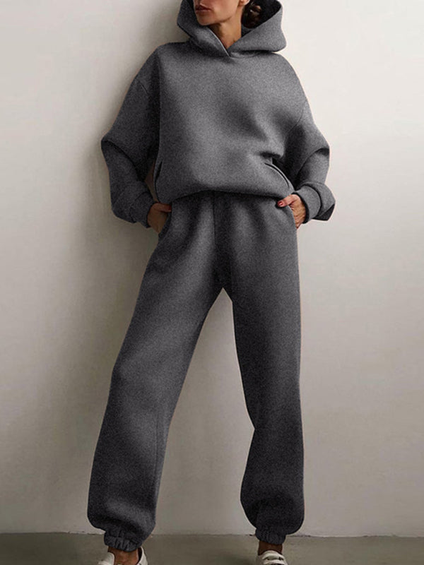Women's solid color casual fashion trousers thickened long-sleeved hooded set