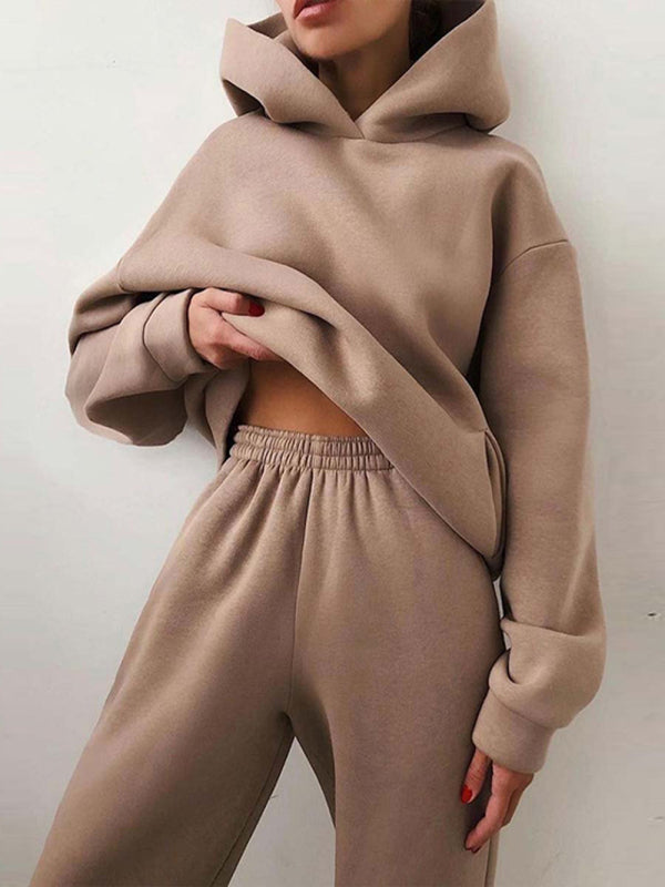 Women's solid color casual fashion trousers thickened long-sleeved hooded set