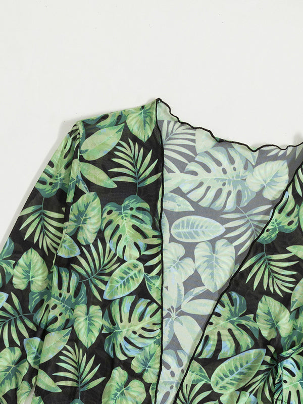 Women's tropical print bikini three-piece sets