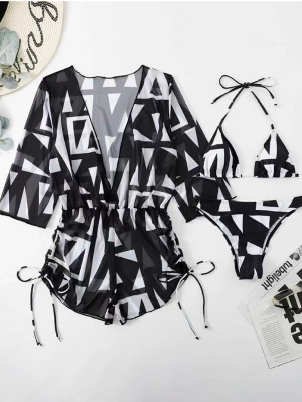 Women's Tropical Print Bikini Deep V-neck Long Sleeve Three Pieces Set