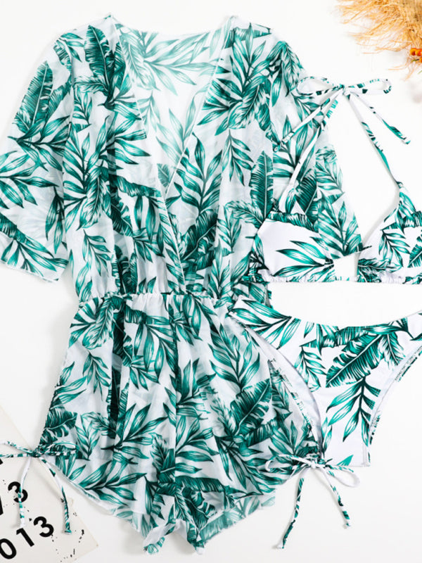 Women's Tropical Print Bikini Deep V-neck Long Sleeve Three Pieces Set