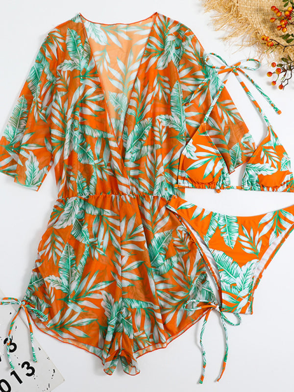 Women's Tropical Print Bikini Deep V-neck Long Sleeve Three Pieces Set