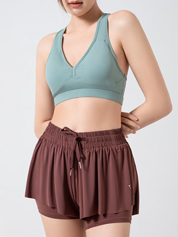 Women's solid Color Running Speed Wick 2-in-1 Drawstring Shorts