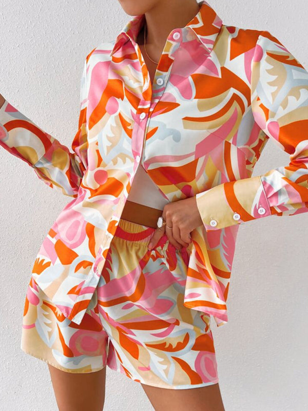 Women’s Print Tie Front Long Sleeve Shirt With Matching Shorts