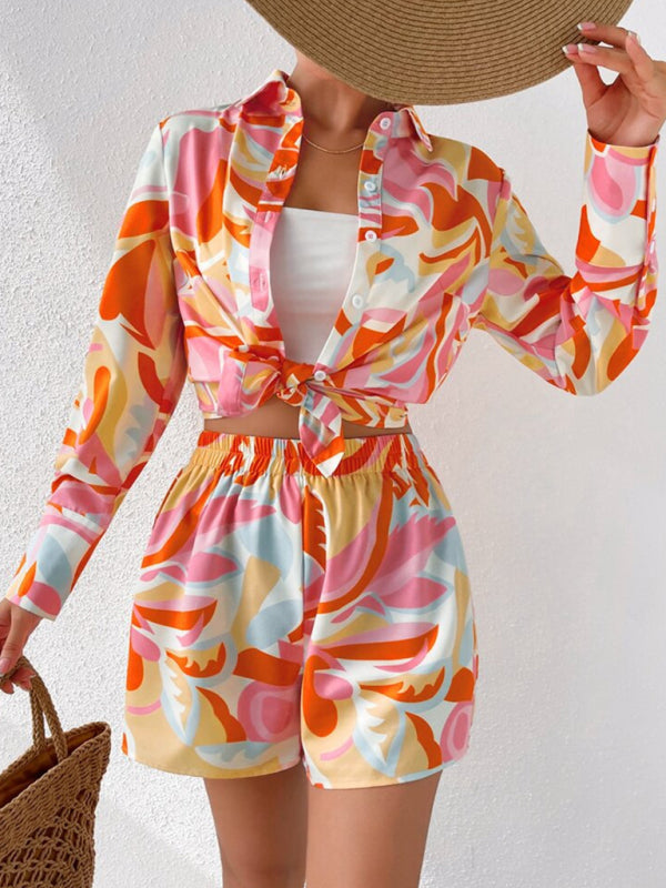 Women’s Print Tie Front Long Sleeve Shirt With Matching Shorts