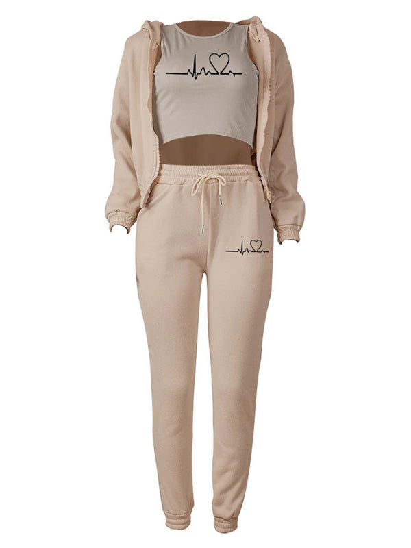 New velvet sweatshirt hooded letter print casual suit (three-piece set)