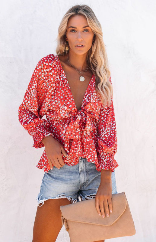 Women's Floral Print V-Neck Tie Waist Long Sleeve Shirt