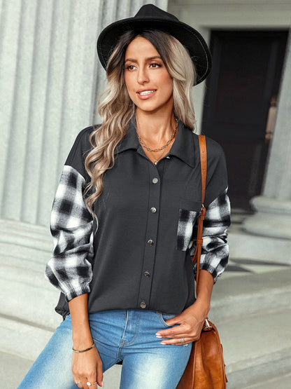 Women's fashion Plaid patchwork Polo loose shirt