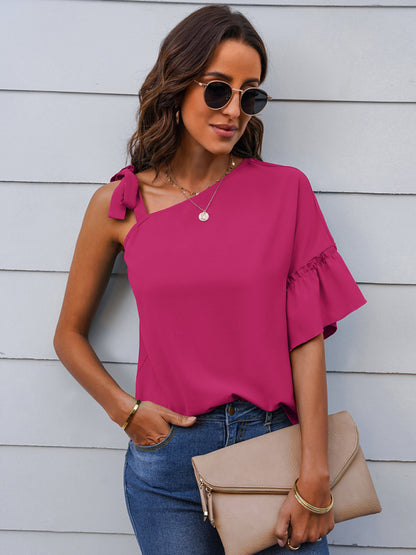 Women's fashion diagonal collar Ruffle Sleeve Chiffon Top