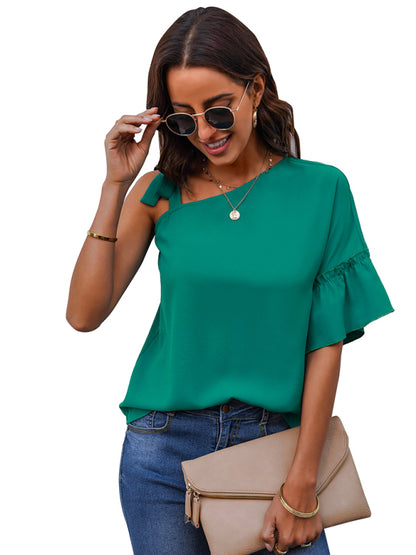 Women's fashion diagonal collar Ruffle Sleeve Chiffon Top