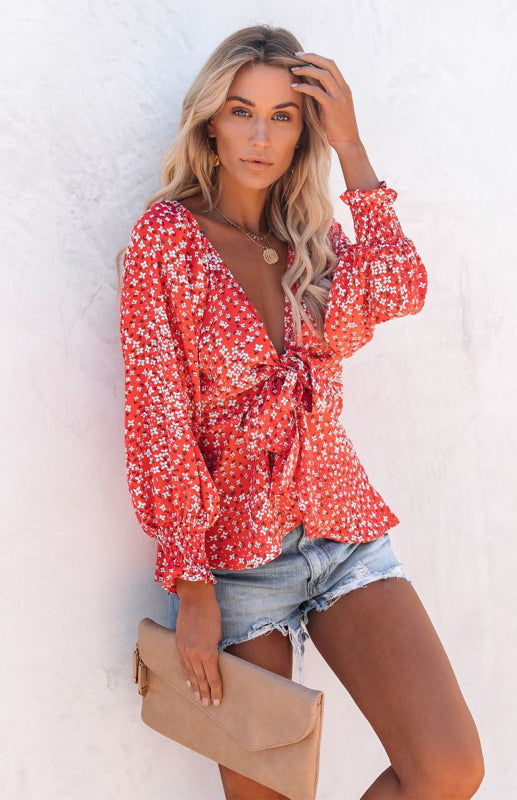 Women's Floral Print V-Neck Tie Waist Long Sleeve Shirt