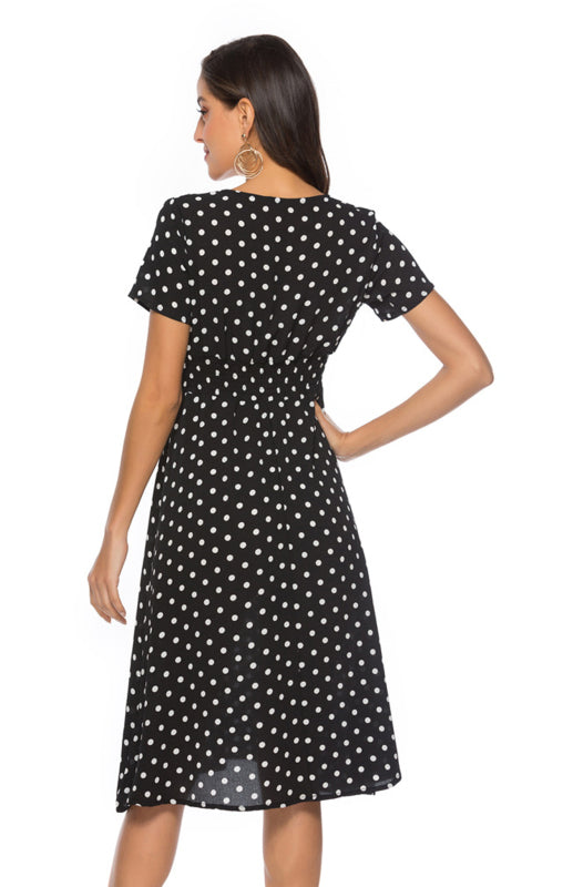 Polka Dot Print V-Neck Short Sleeve Dress