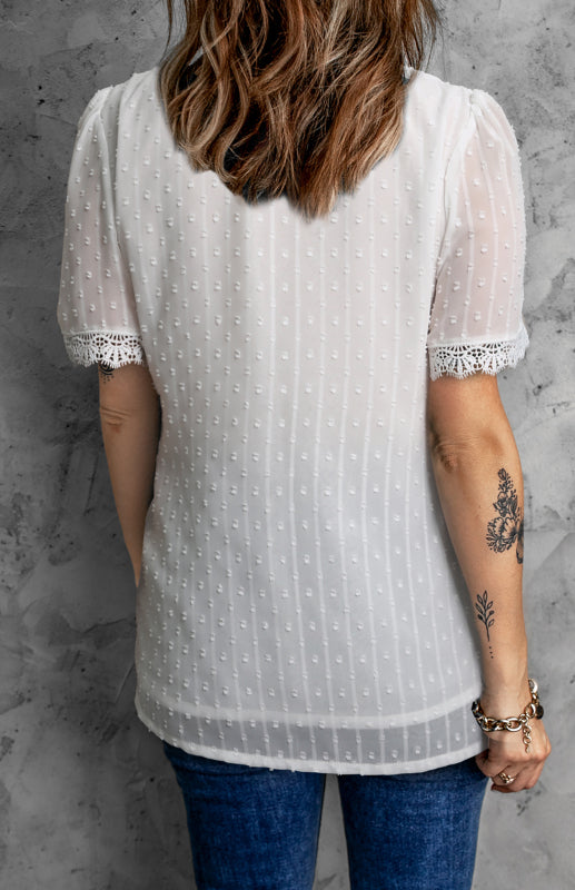 Women’s Lace Splicing V-Neck Swiss Dot Short Sleeve Top