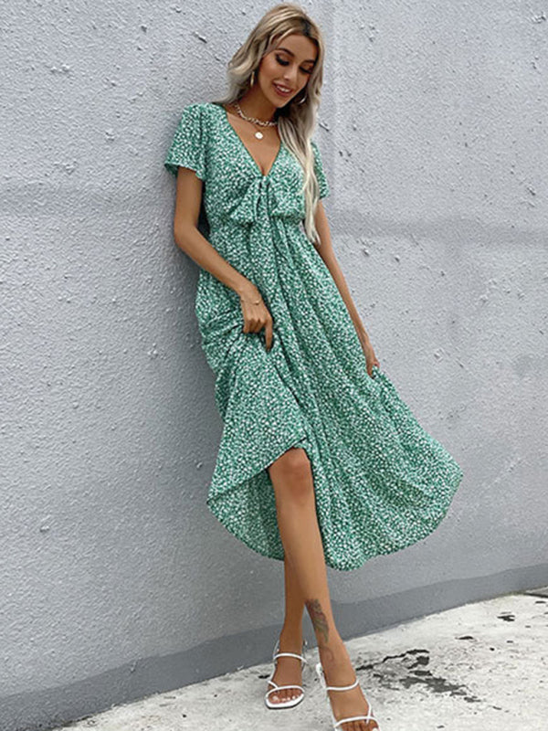 Women's Short Sleeve Green Print V-Neck Dress