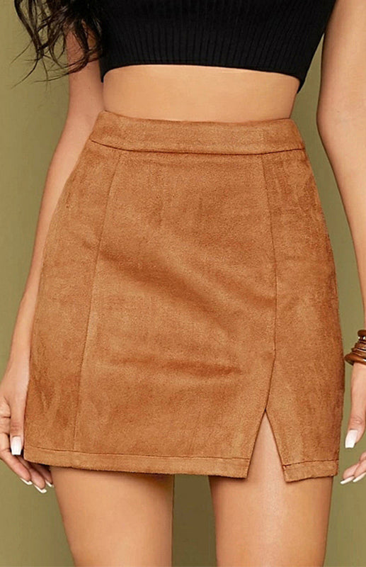 Suede Hip High Waist A-Line Half Skirt