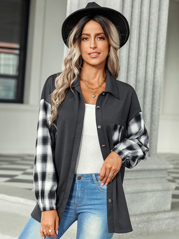 Women's fashion Plaid patchwork Polo loose shirt