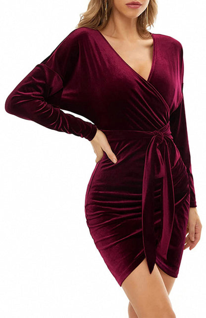 Sexy Velvet V-Neck Slim-Fit Split Cocktail Party Long-Sleeved Dress