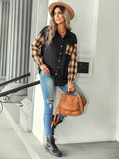 Women's fashion Plaid patchwork Polo loose shirt