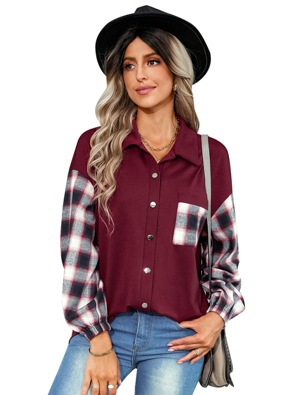 Women's fashion Plaid patchwork Polo loose shirt