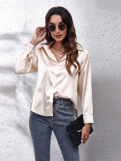 Women's Satin imitation silk long sleeved shirt