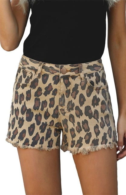 Women's Leopard Mid Waist Frayed Hemline Denim Shorts