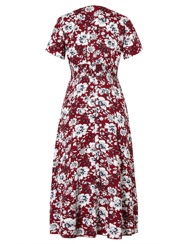 Women's Floral Print V-Neck Split Maxi Dress