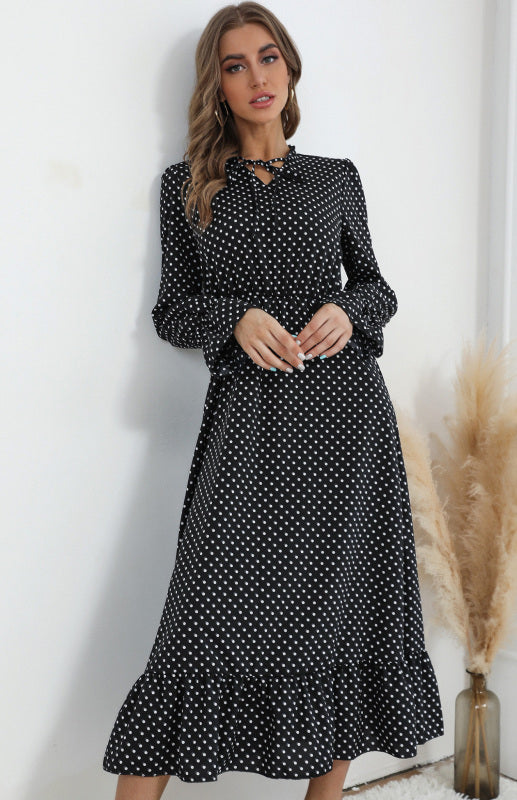 Ladies V-Neck Tie Long Sleeve Polka Dot Dress