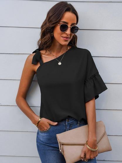 Women's fashion diagonal collar Ruffle Sleeve Chiffon Top